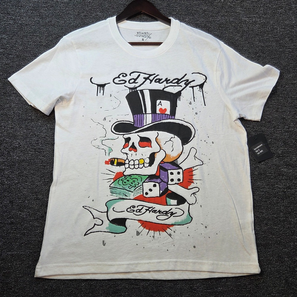 Ed Hardy Graphic Tee Mens Size S White Skull Top Hat Punks Not Dead EHMR1100-30